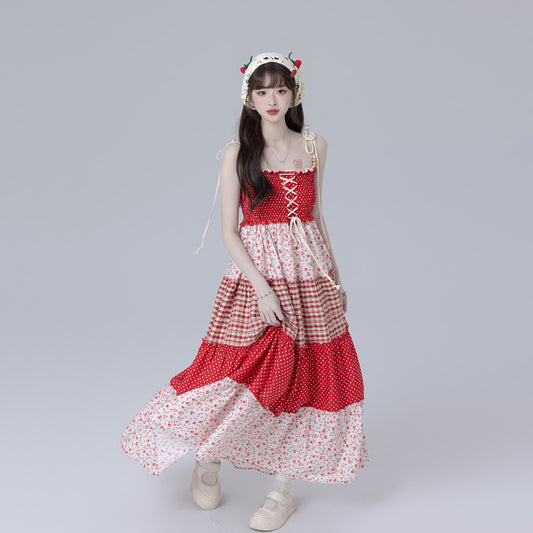 Sweet Girl Style Red Floral Suspender Dress