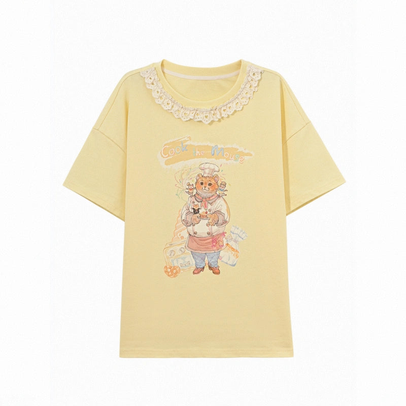 Sweet Girl Style Yellow Cartoon Cat Print T-shirt