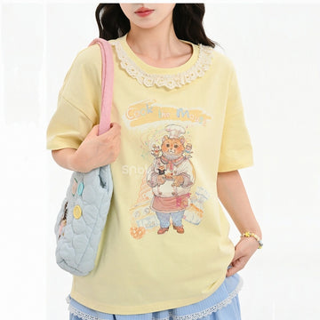 Sweet Girl Style Yellow Cartoon Cat Print T-shirt
