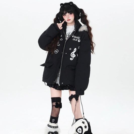 Sweet Girlish Cartoon Cat Print Hooded Cotton Jacket