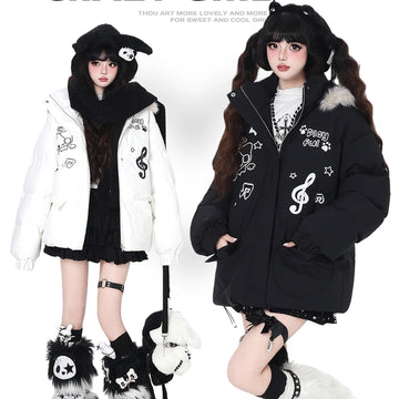 Sweet Girlish Cartoon Cat Print Hooded Cotton Jacket