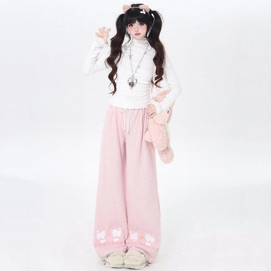 Sweet Girlish Light Pink Plush Pants