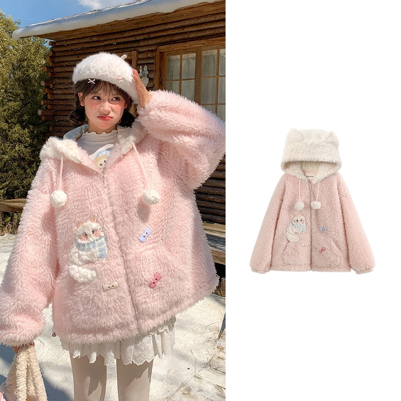 Sweet Girlish Pink Kitten Embroidery Plush Sweatshirt