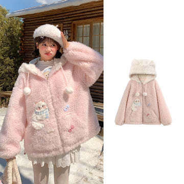 Sweet Girlish Pink Kitten Embroidery Plush Sweatshirt