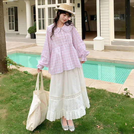 Sweet Girlish Pink Plaid Peter Pan Collar Blouse