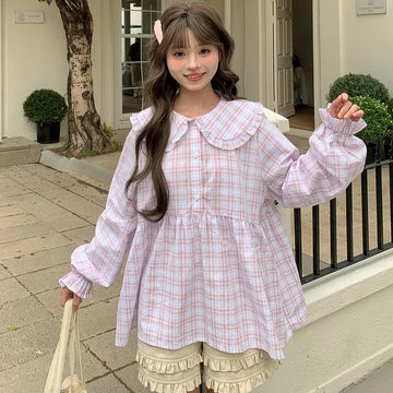Sweet Girlish Pink Plaid Peter Pan Collar Blouse