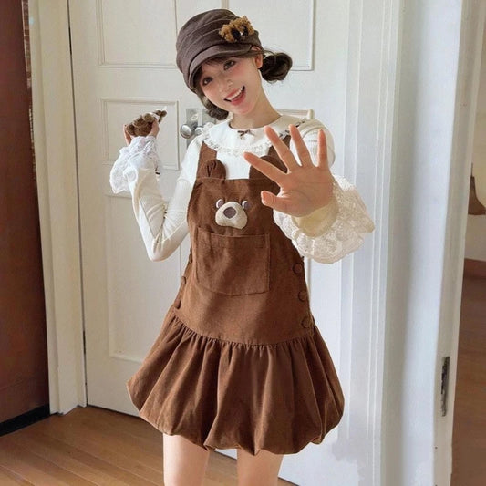 Sweet Girlish Style 3D Bear Corduroy Vest Dress