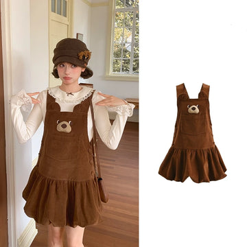 Sweet Girlish Style 3D Bear Corduroy Vest Dress
