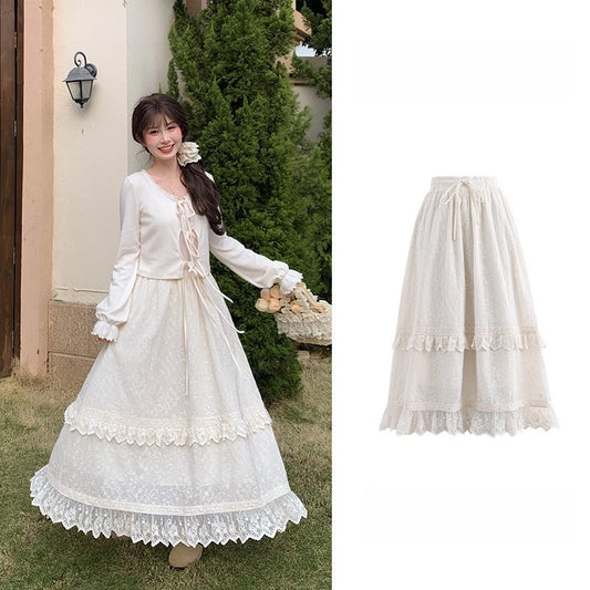 Sweet Girlish Style Apricot Lace Trim A-line Skirt