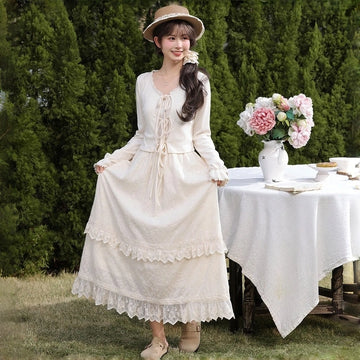 Sweet Girlish Style Apricot Lace Trim A-line Skirt