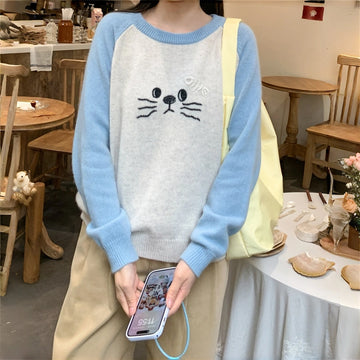 Sweet Girlish Style Blue Kitten Embroidered Sweater