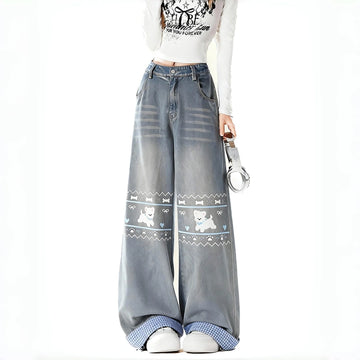Sweet Girlish Style Blue Puppy Print Straight Leg Jeans