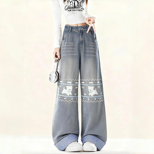 Sweet Girlish Style Blue Puppy Print Straight Leg Jeans