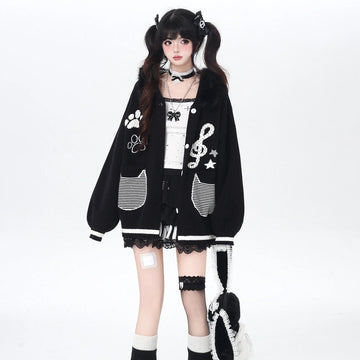 Sweet Girlish Style Cat Embroidered Knit Cardigan