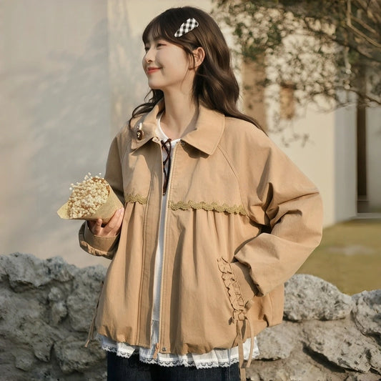 Sweet Girlish Style Doll Collar Lace Trim Coat