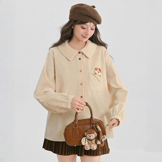 Sweet Girlish Style Khaki Puppy Embroidered Blouse