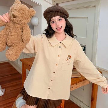 Sweet Girlish Style Khaki Puppy Embroidered Blouse