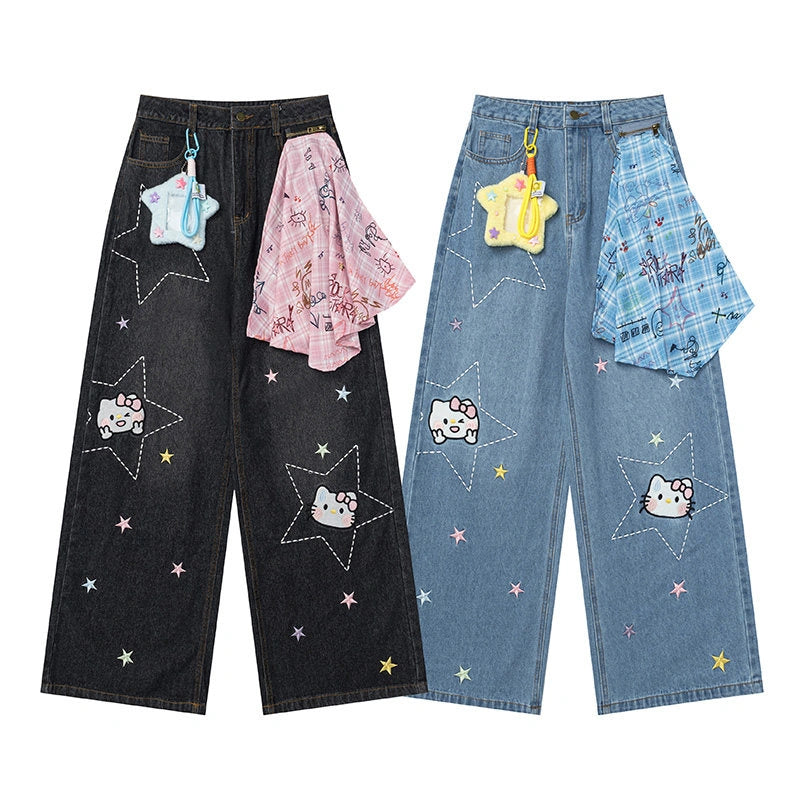 Sweet Girlish Style Star Embroidered Straight Leg Jeans