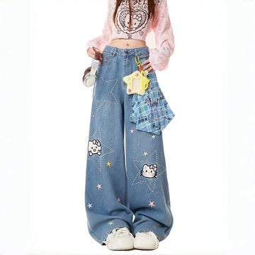Sweet Girlish Style Star Embroidered Straight Leg Jeans