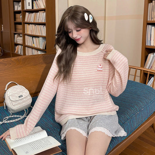 Sweet Girlish Style Striped Cake Embroidery Sweater