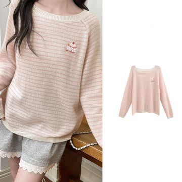 Sweet Girlish Style Striped Cake Embroidery Sweater