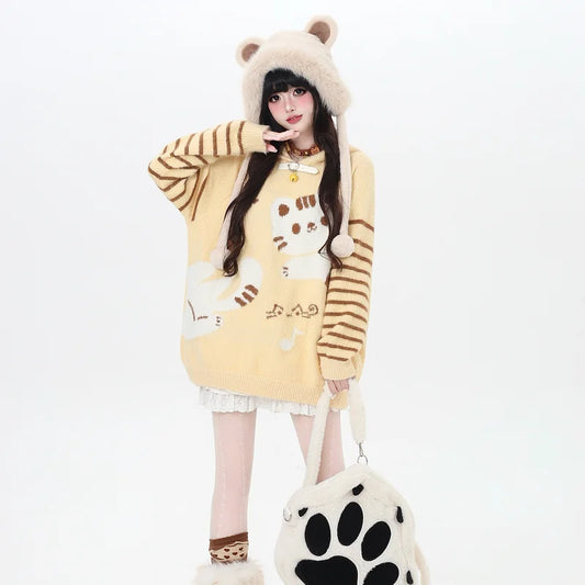 Sweet Girlish Style Striped Embroidered Feather Bell Sweater