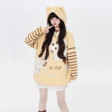 Sweet Girlish Style Striped Embroidered Feather Bell Sweater