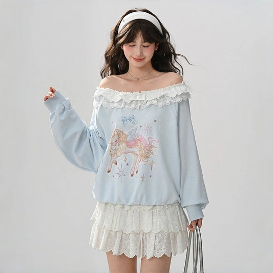 Sweet Girlish Style Unicorn Print Sweatshirt