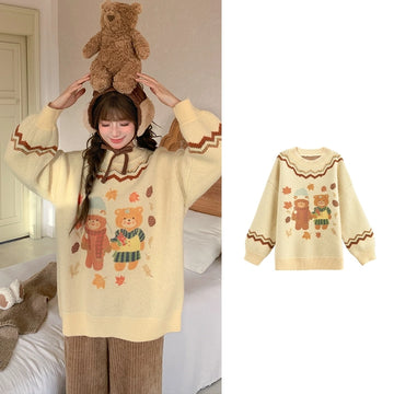Sweet Girlish Style Yellow Embroidered Bear Sweater