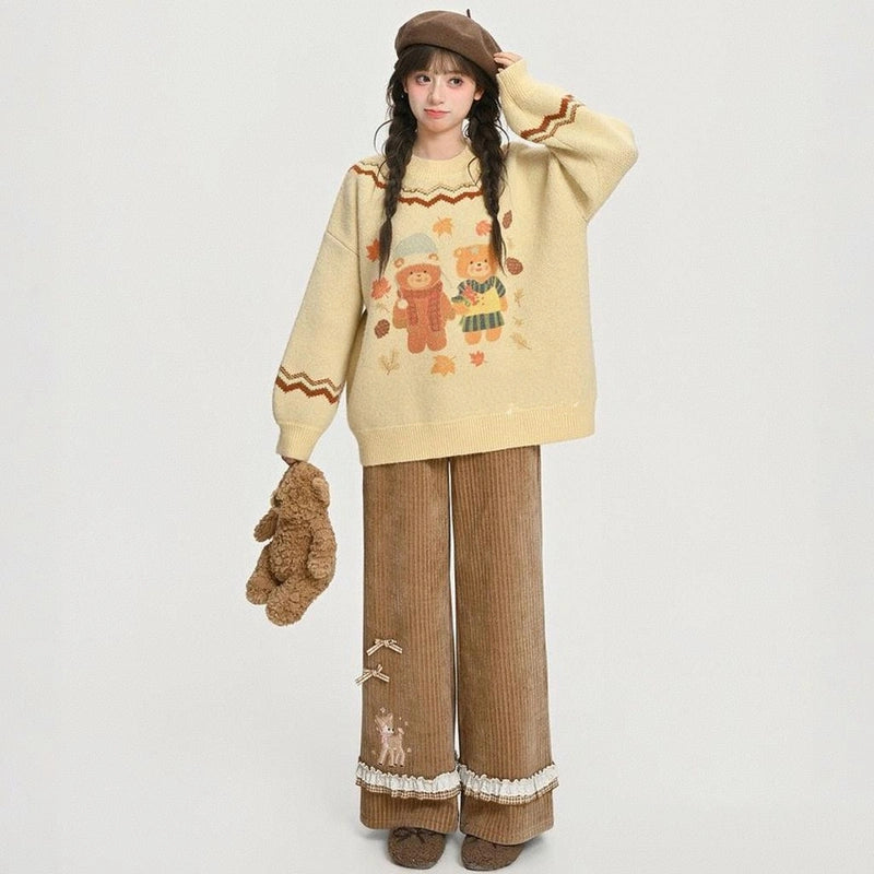 Sweet Girlish Style Yellow Embroidered Bear Sweater