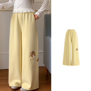 Sweet Girlish Style Yellow Orange Cat Embroidered Long Pants