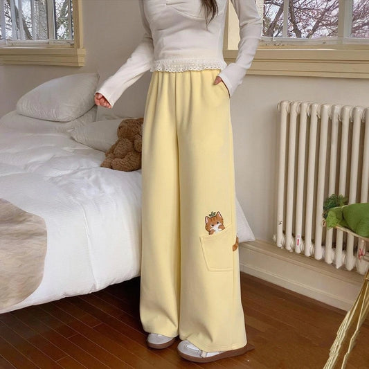 Sweet Girlish Style Yellow Orange Cat Embroidered Long Pants