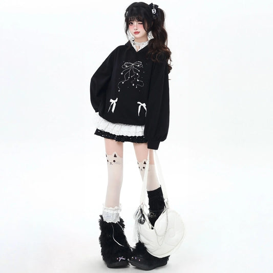 Sweet Girly Bow Rhinestone Hooded Loose Sweatshirt