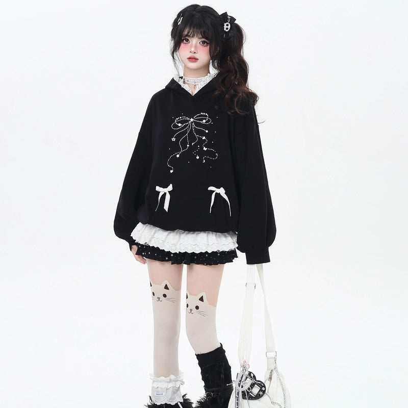 Sweet Girly Bow Rhinestone Hooded Loose Sweatshirt