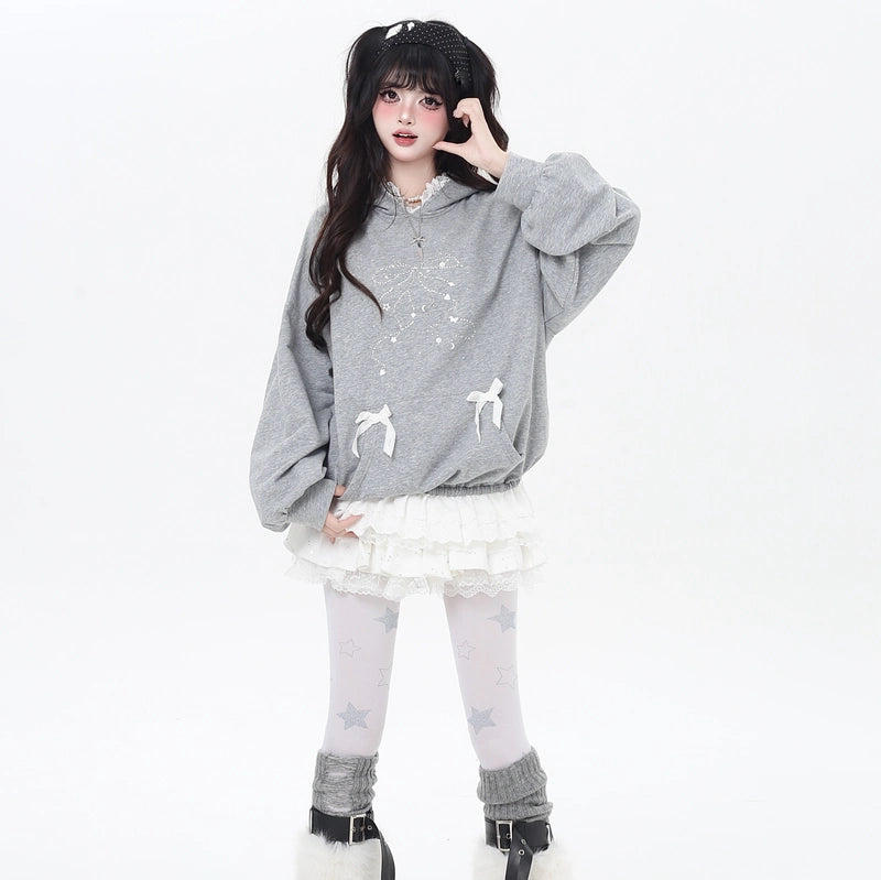 Sweet Girly Bow Rhinestone Hooded Loose Sweatshirt