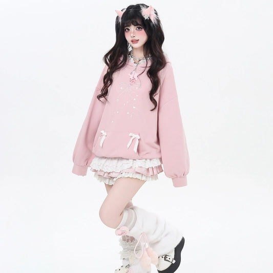 Sweet Girly Bow Rhinestone Hooded Loose Sweatshirt