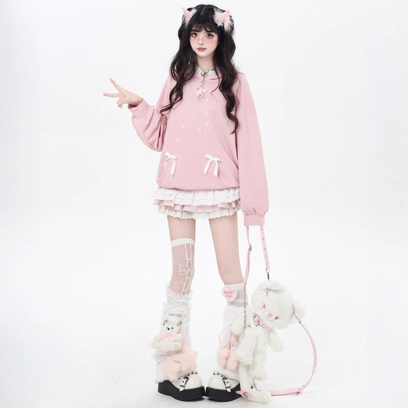 Sweet Girly Bow Rhinestone Hooded Loose Sweatshirt