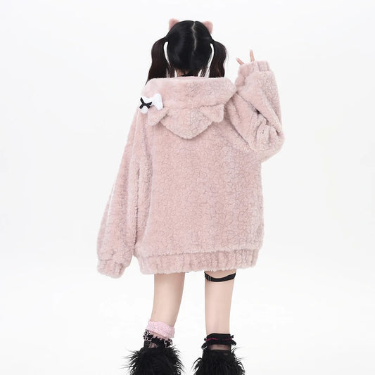 Sweet Girly Cartoon Cat Embroidered Plush Hooded Coat