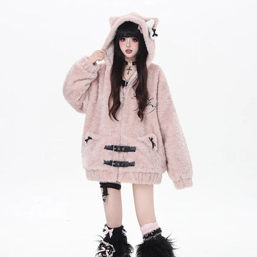 Sweet Girly Cartoon Cat Embroidered Plush Hooded Coat