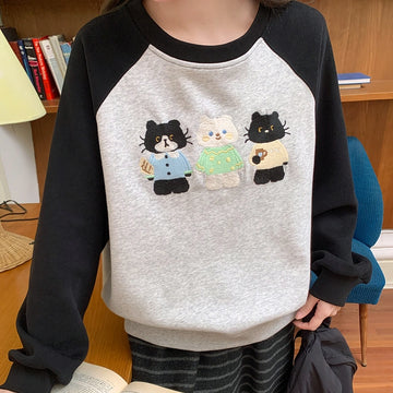 Sweet Girly Cartoon Cat Embroidered Round Neck Sweatshirt