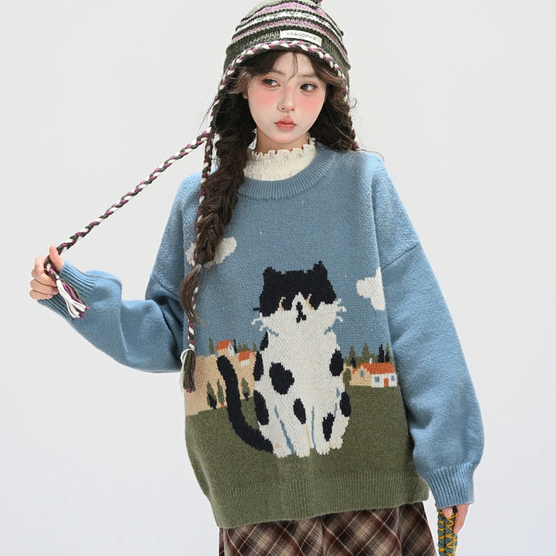 Sweet Girly Cartoon Cat Jacquard Sweater