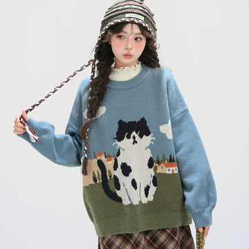 Sweet Girly Cartoon Cat Jacquard Sweater