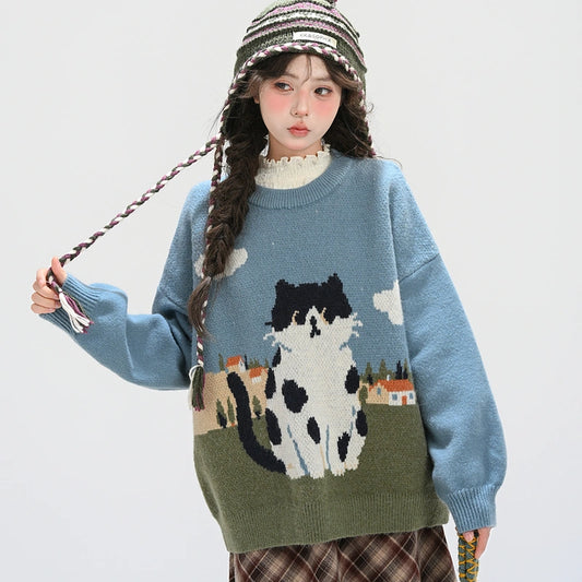 Sweet Girly Cartoon Cat Jacquard Sweater