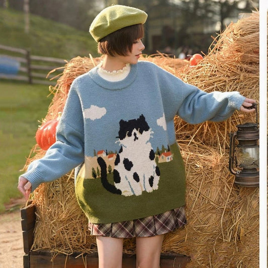 Sweet Girly Cartoon Cat Jacquard Sweater