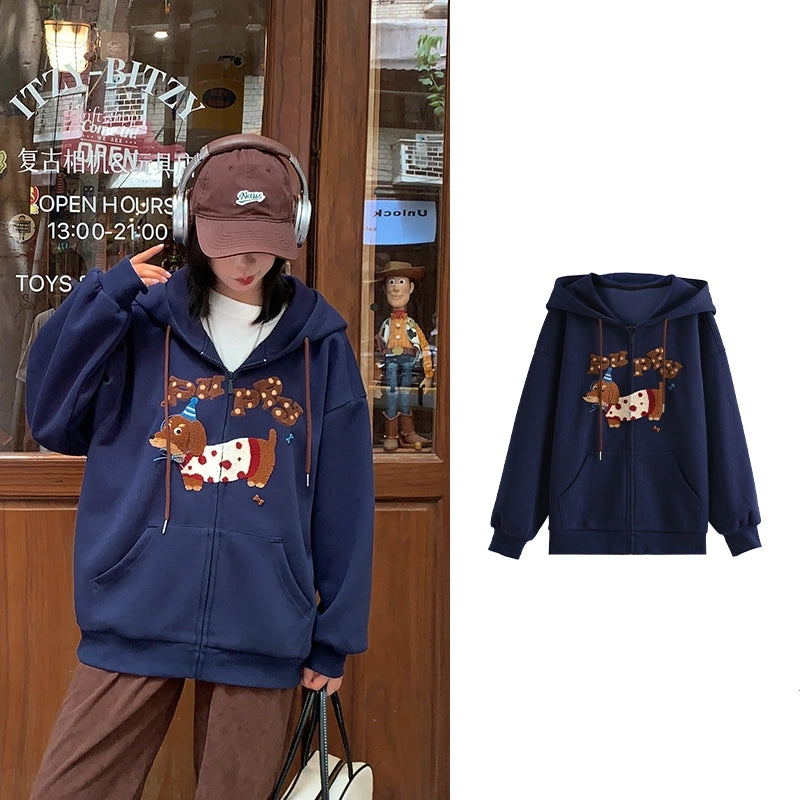 Sweet Girly Cartoon Dachshund Embroidered Sweatshirt