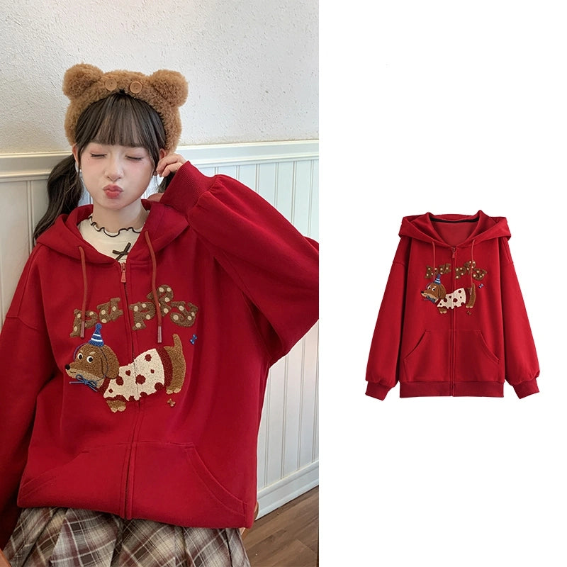 Sweet Girly Cartoon Dachshund Embroidered Sweatshirt