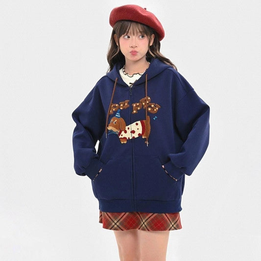 Sweet Girly Cartoon Dachshund Embroidered Sweatshirt