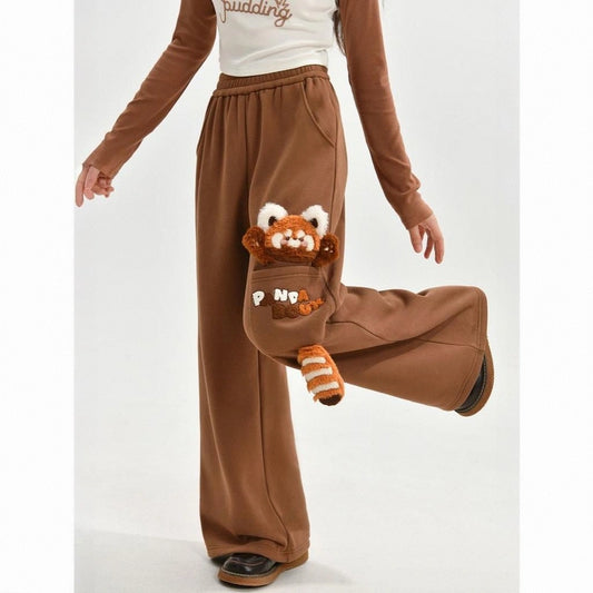 Sweet Girly Cartoon Raccoon Embroidered Trousers