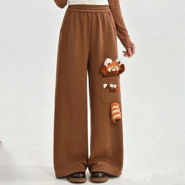 Sweet Girly Cartoon Raccoon Embroidered Trousers