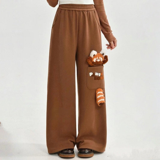 Sweet Girly Cartoon Raccoon Embroidered Trousers